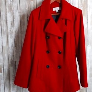 Large Anne Klein Red Double Breasted Peacoat with black buttons